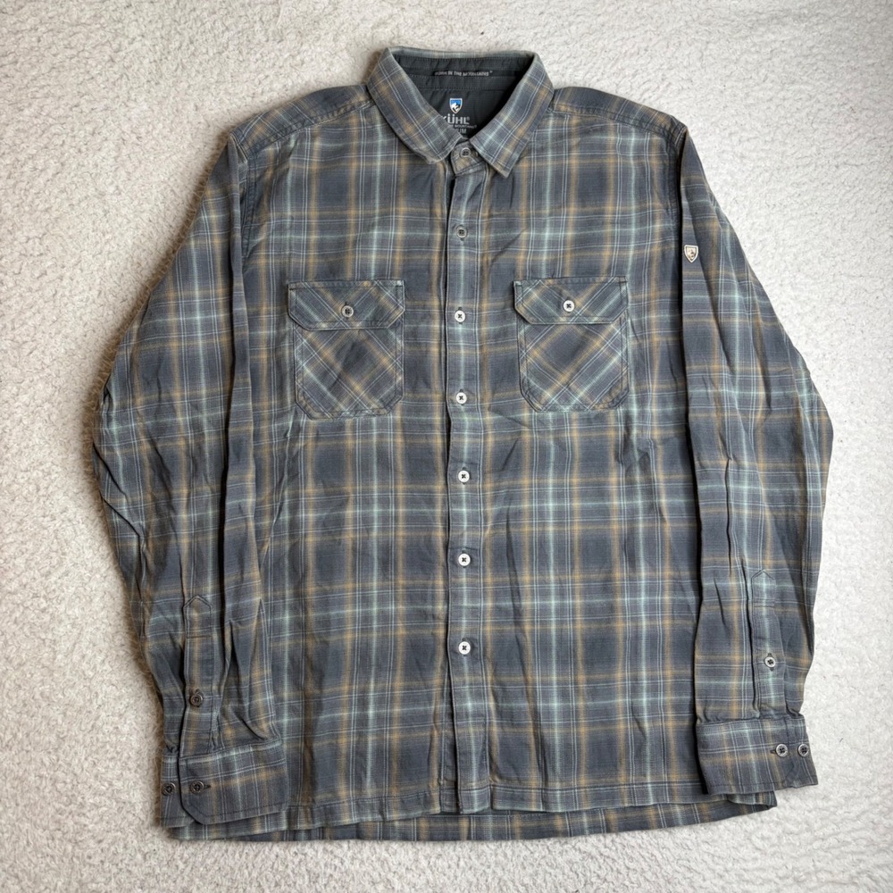 Kuhl Dillinger Mens Plaid Shirt Gray Tan Cotton Tencel Long Sleeve Size M 7186